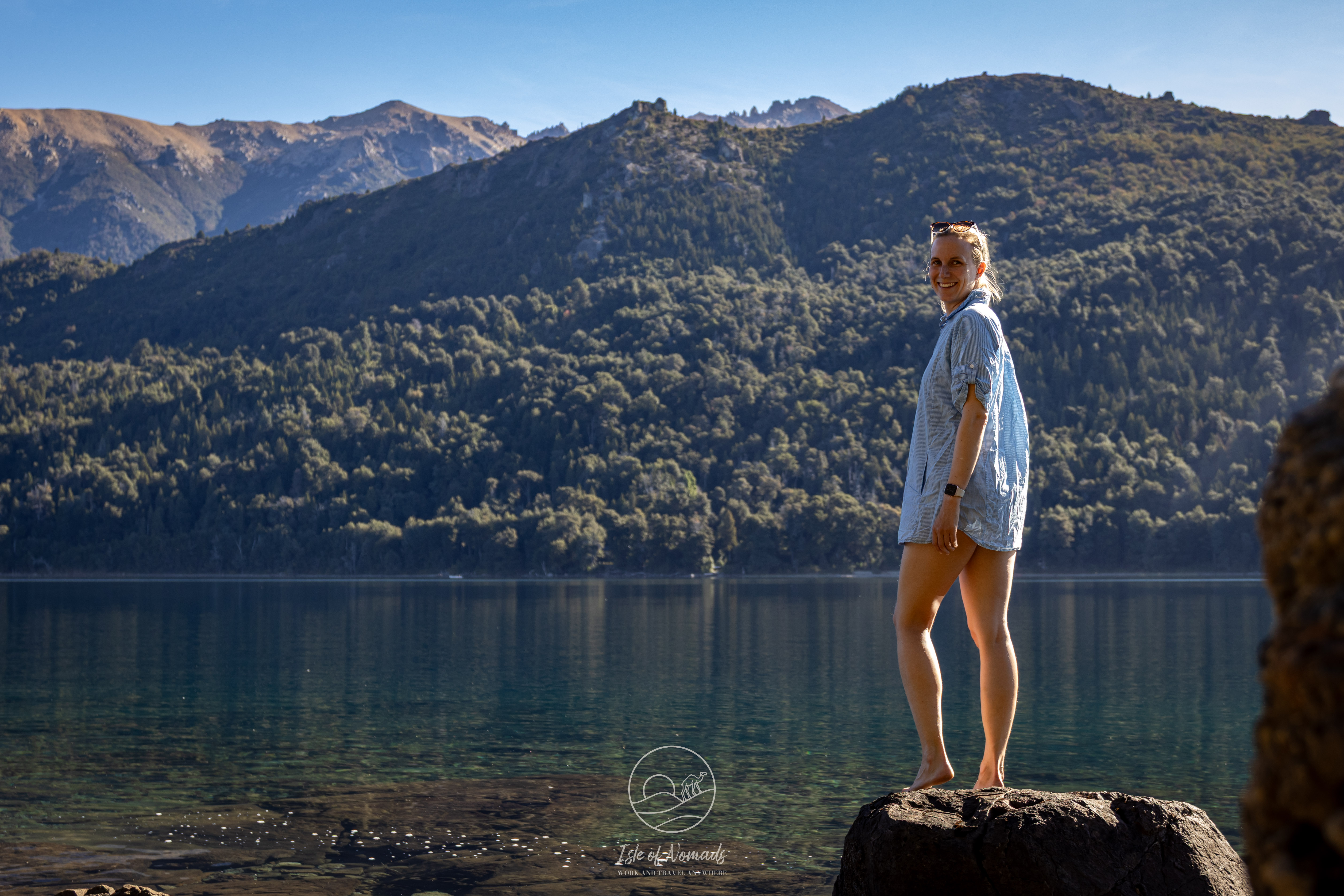 Laura on the shores of Lago Gutiérrez at the beach of our wonderful hotel there