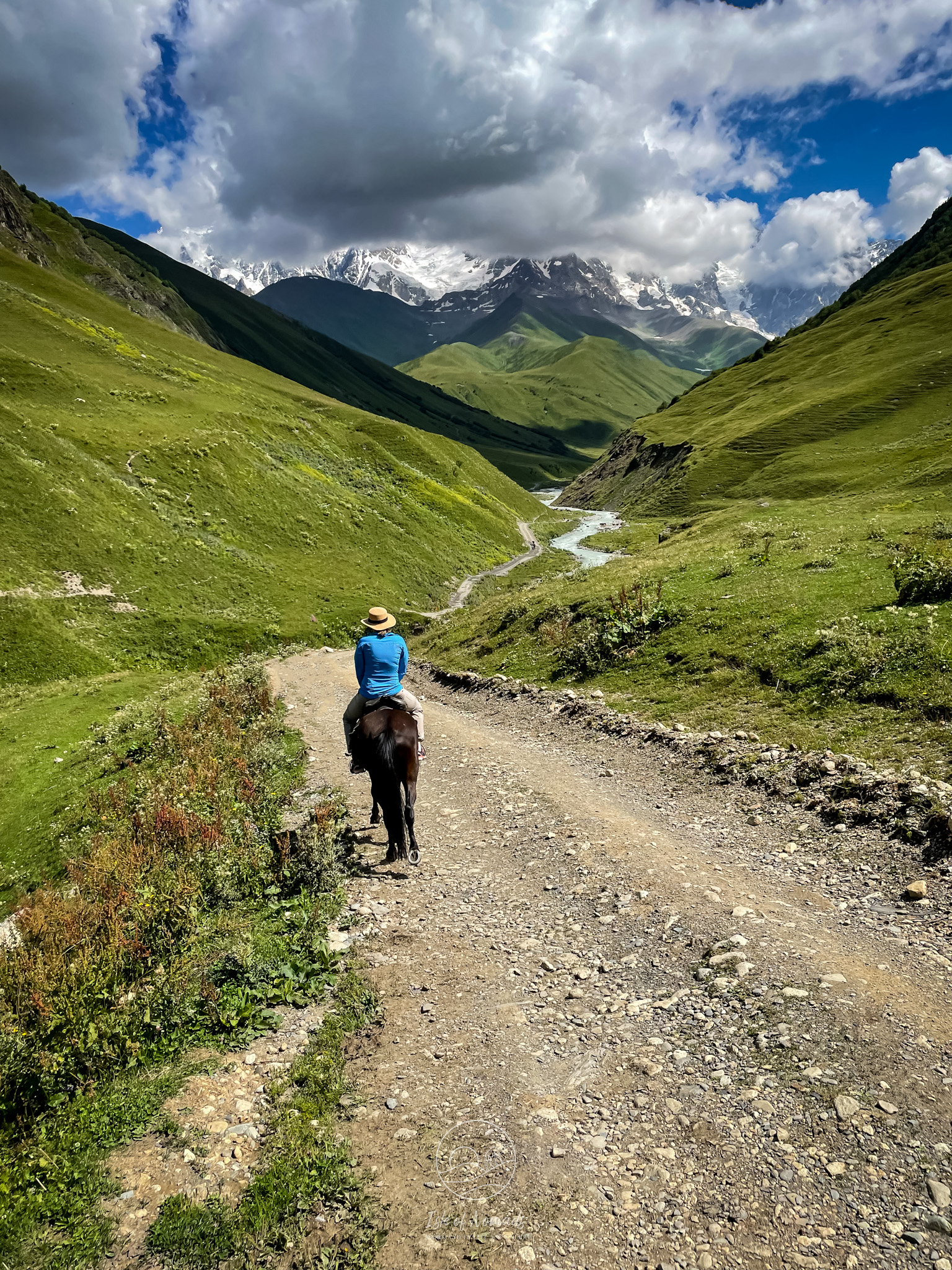 Riding down from the church in Ushguli towards Shkhara