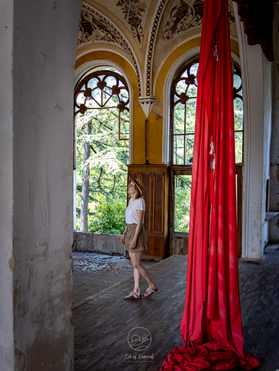 The ball room itself still has a piece of the original curtain hanging from the ceiling