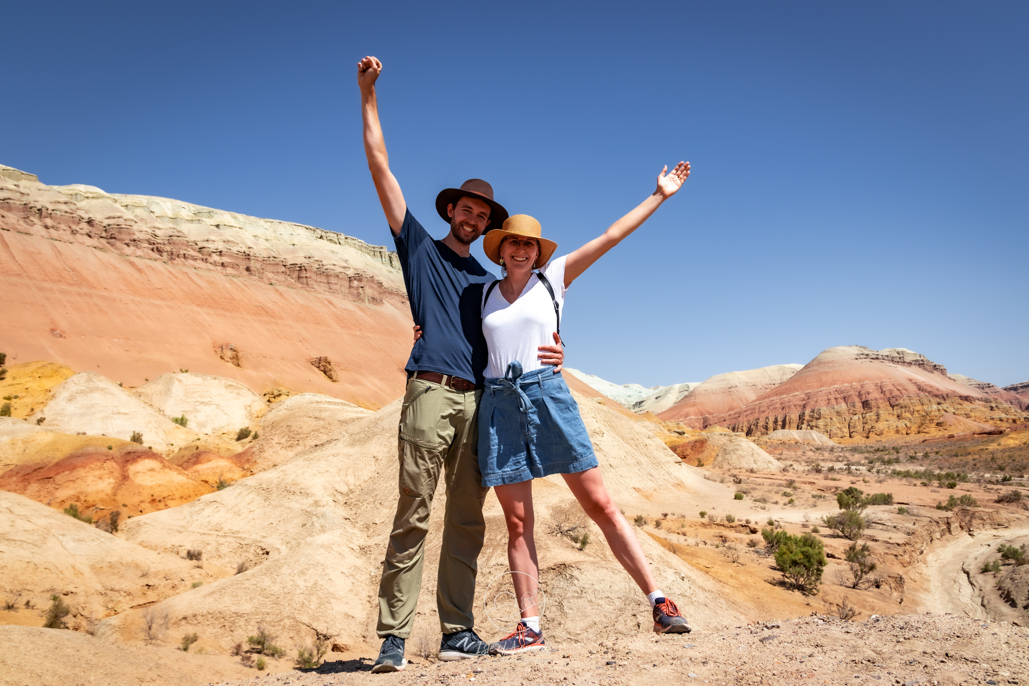We met a group of Kazakh travellers, so we got a rare photo of both of us in front of the mountains